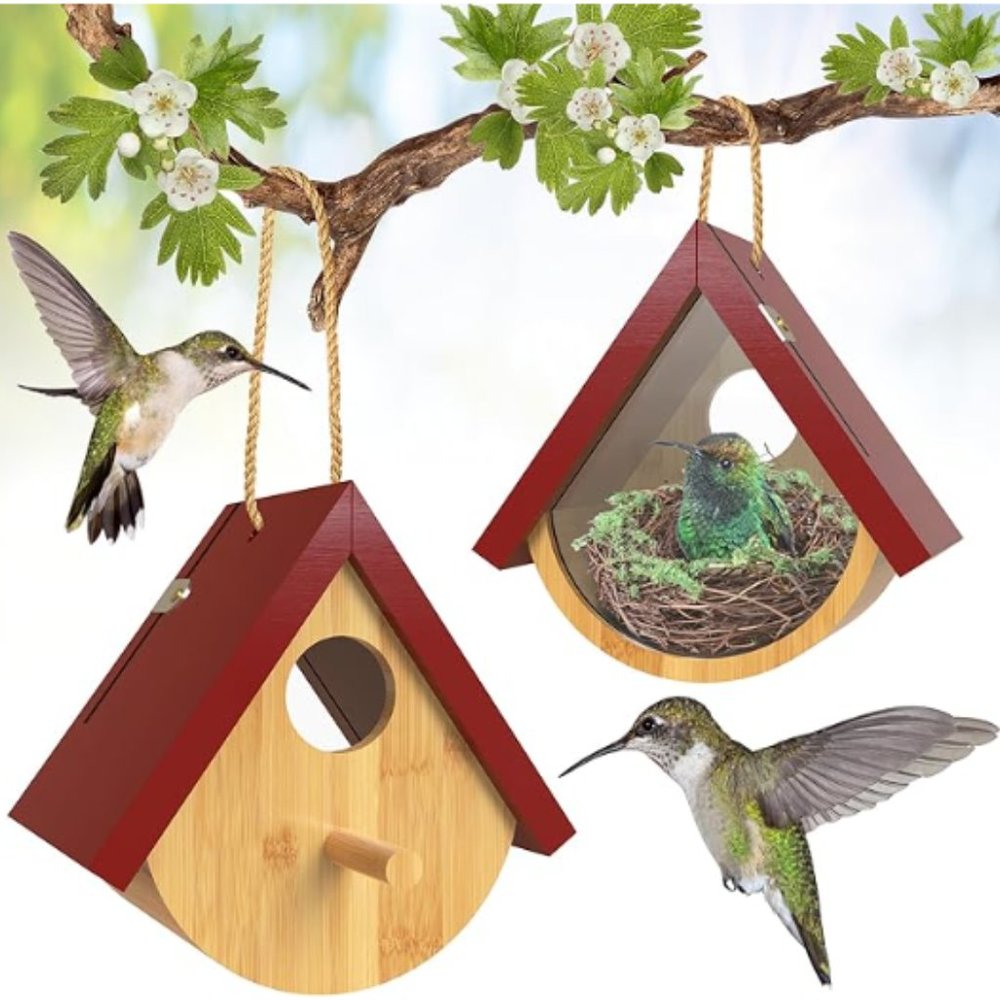 2 pk - Hummingbird Houses w/ Viewing Window - Red Roof Wooden Birdhouses
